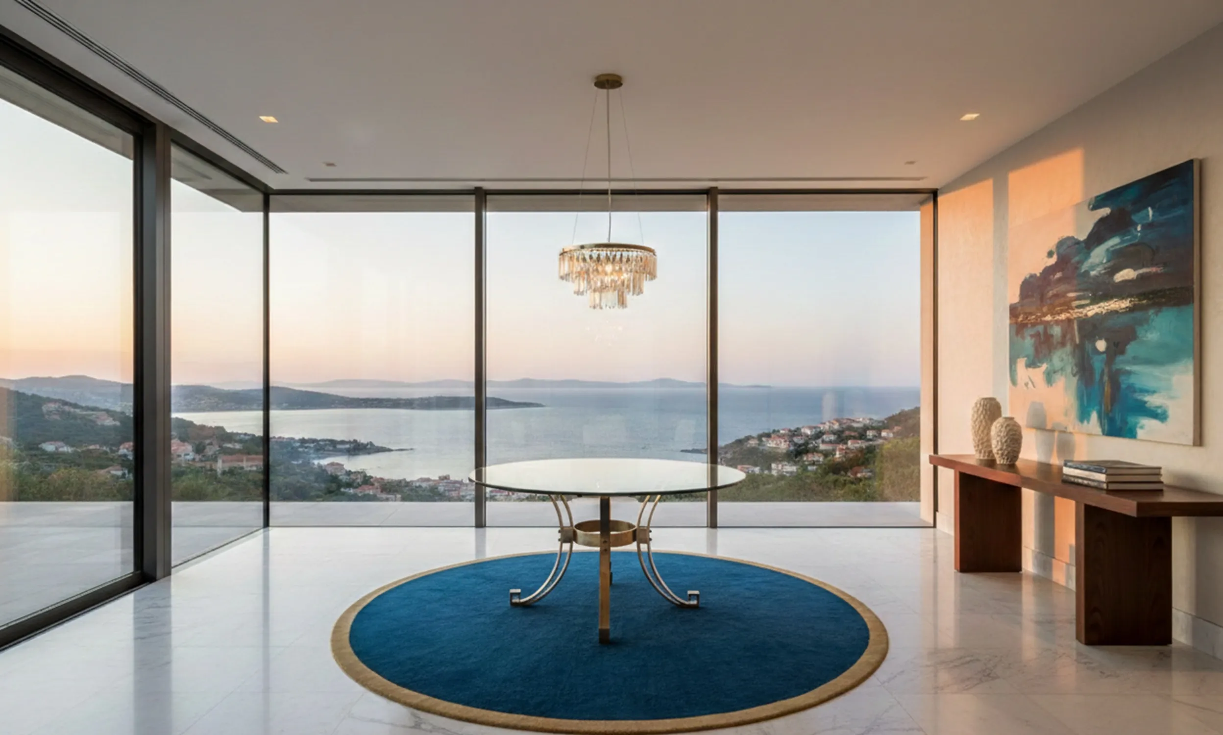 6인용 고전 식탁이 있는 현대적인 환경, 바다 전망.