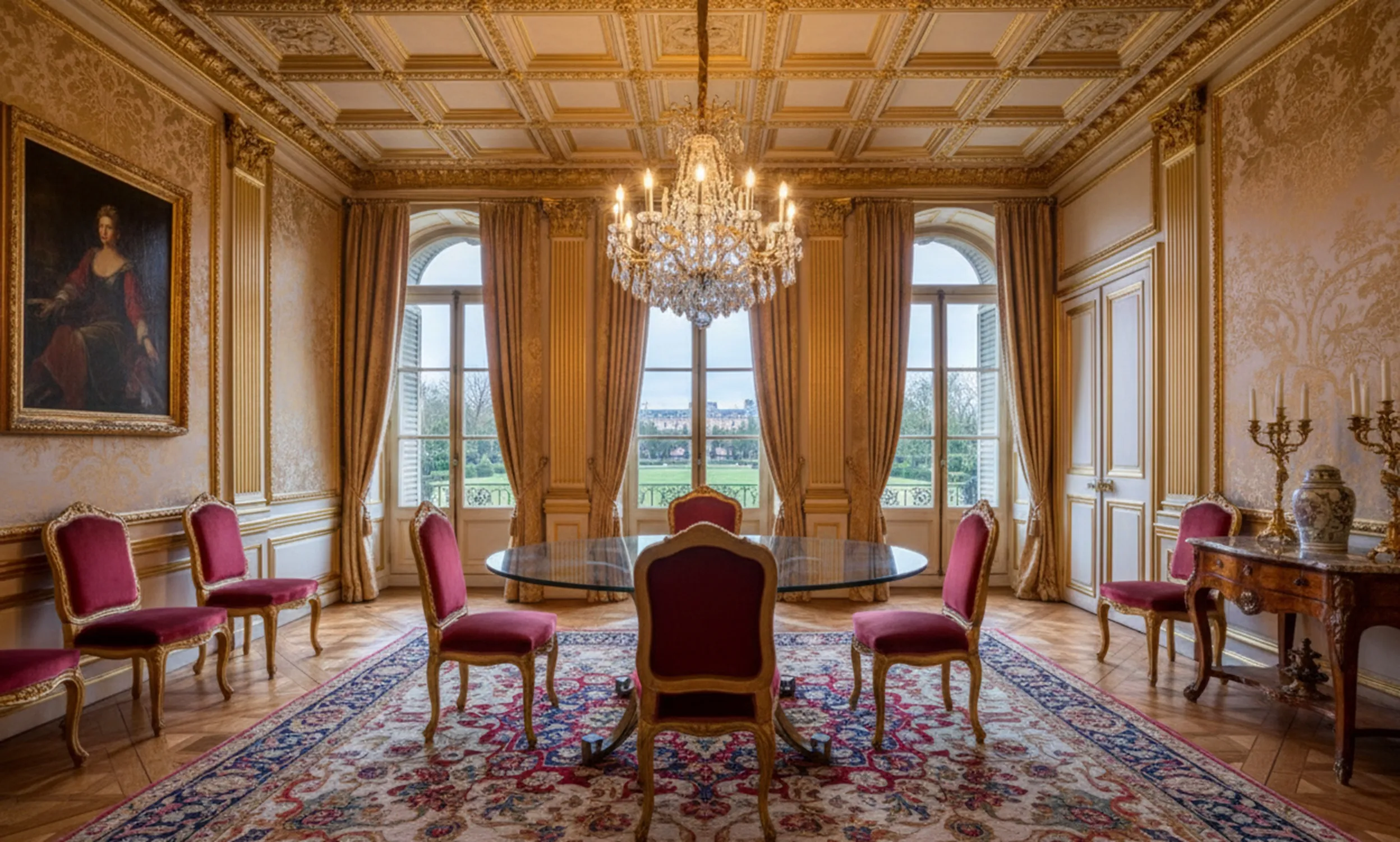 六人 antique 餐桌在优雅的环境中，配有红椅子和奢华的装饰。