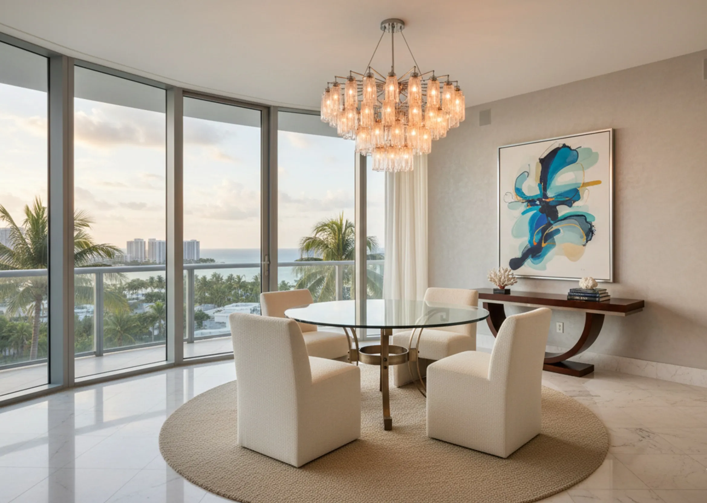 Antique dining table for 6 people, surrounded by chairs in a modern setting with ocean view.