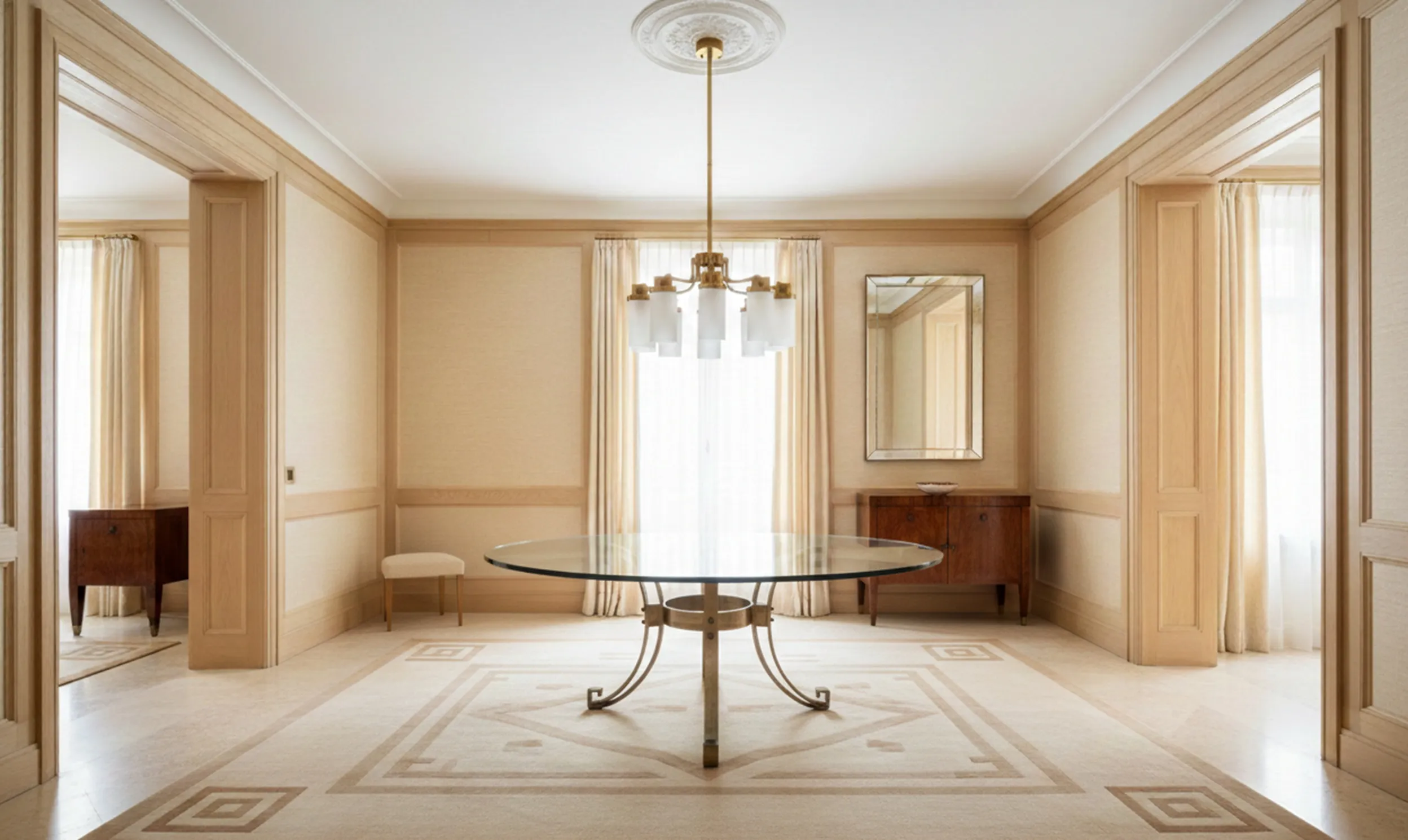 Mesa de jantar antiga para 6 pessoas em um ambiente elegante com cortinas e espelho.