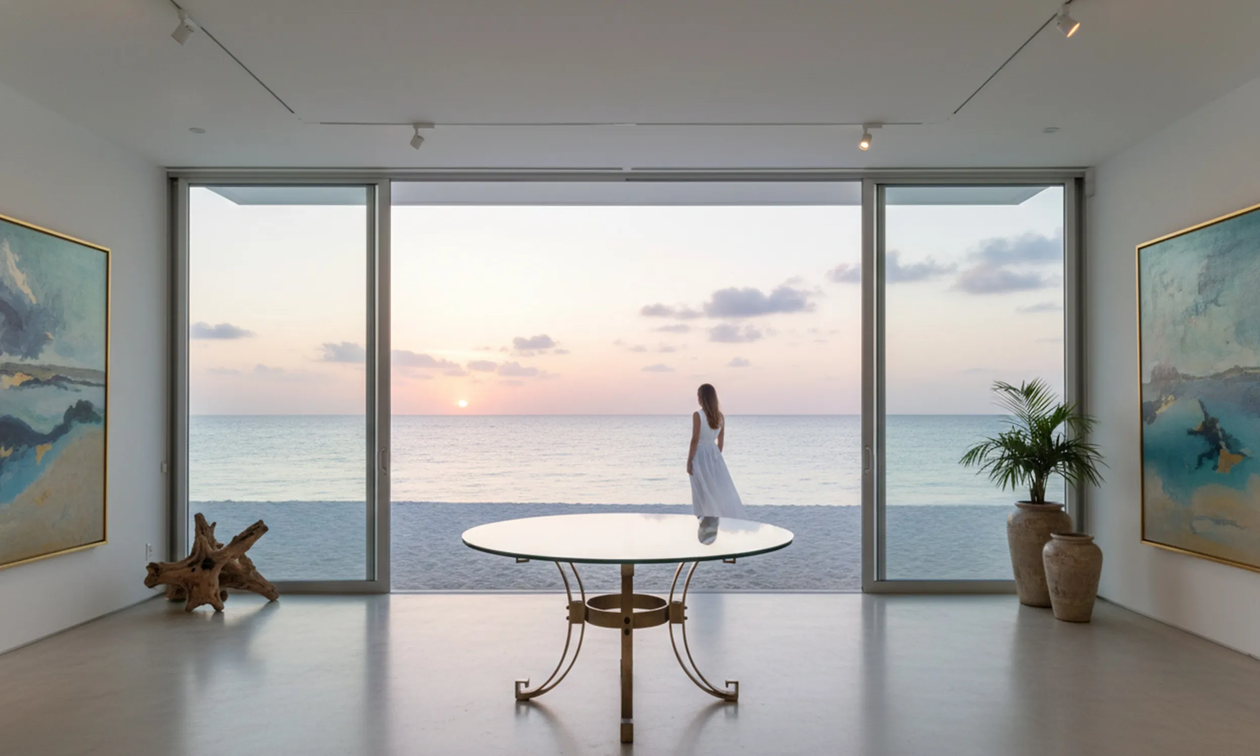 Antiker Esstisch für sechs Personen mit Blick auf das Meer bei Sonnenuntergang.