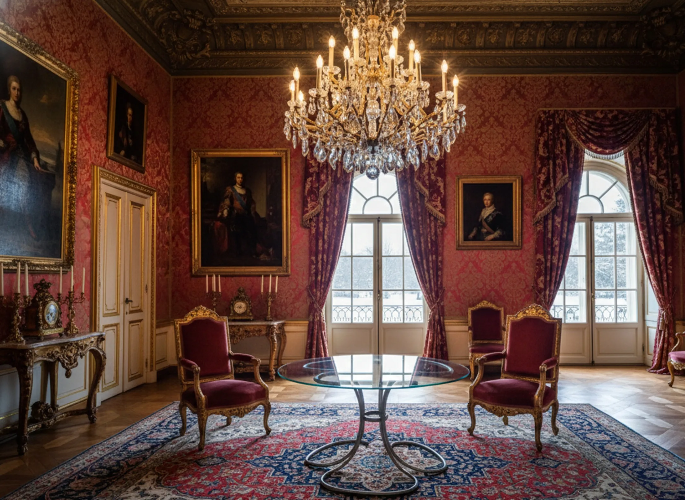 Table à manger antique pour six personnes, entourée d'un cadre élégant avec des lustres et de l'art classique.