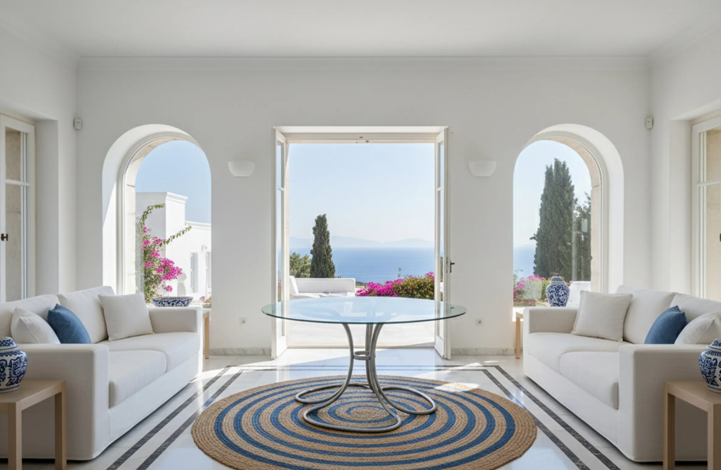 Античный обеденный стол на шесть человек в светлом интерьере с видом на море.