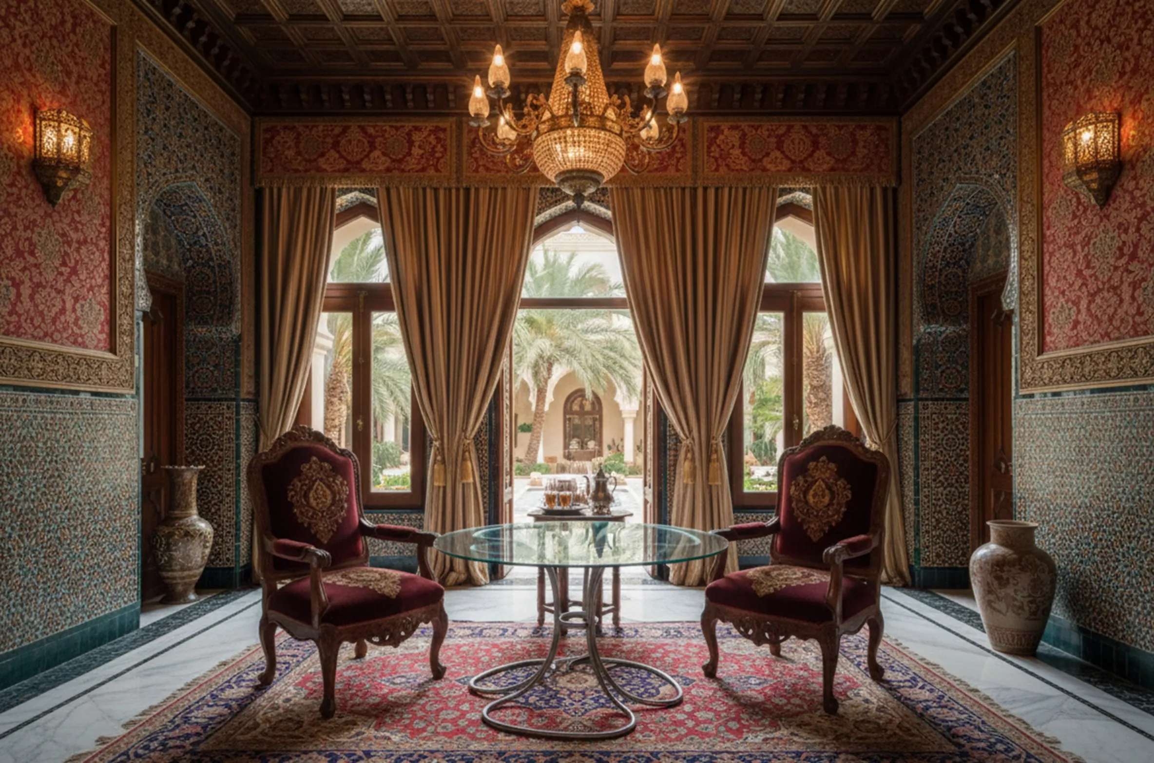 Antiker Esstisch mit luxuriösen Stühlen und detaillierter Dekoration