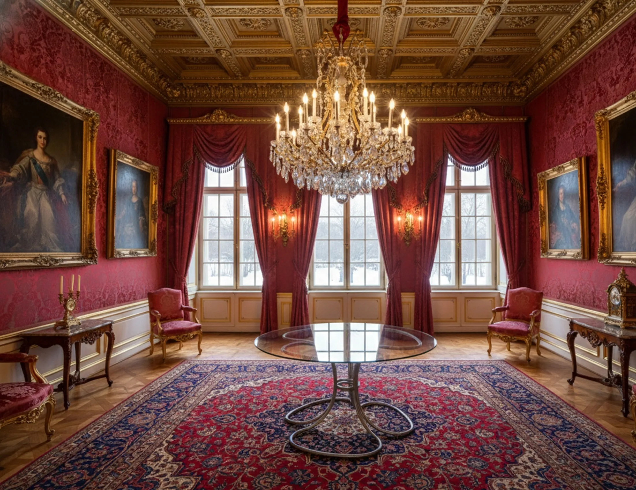Antique dining table for six people in an elegant room with classic artwork