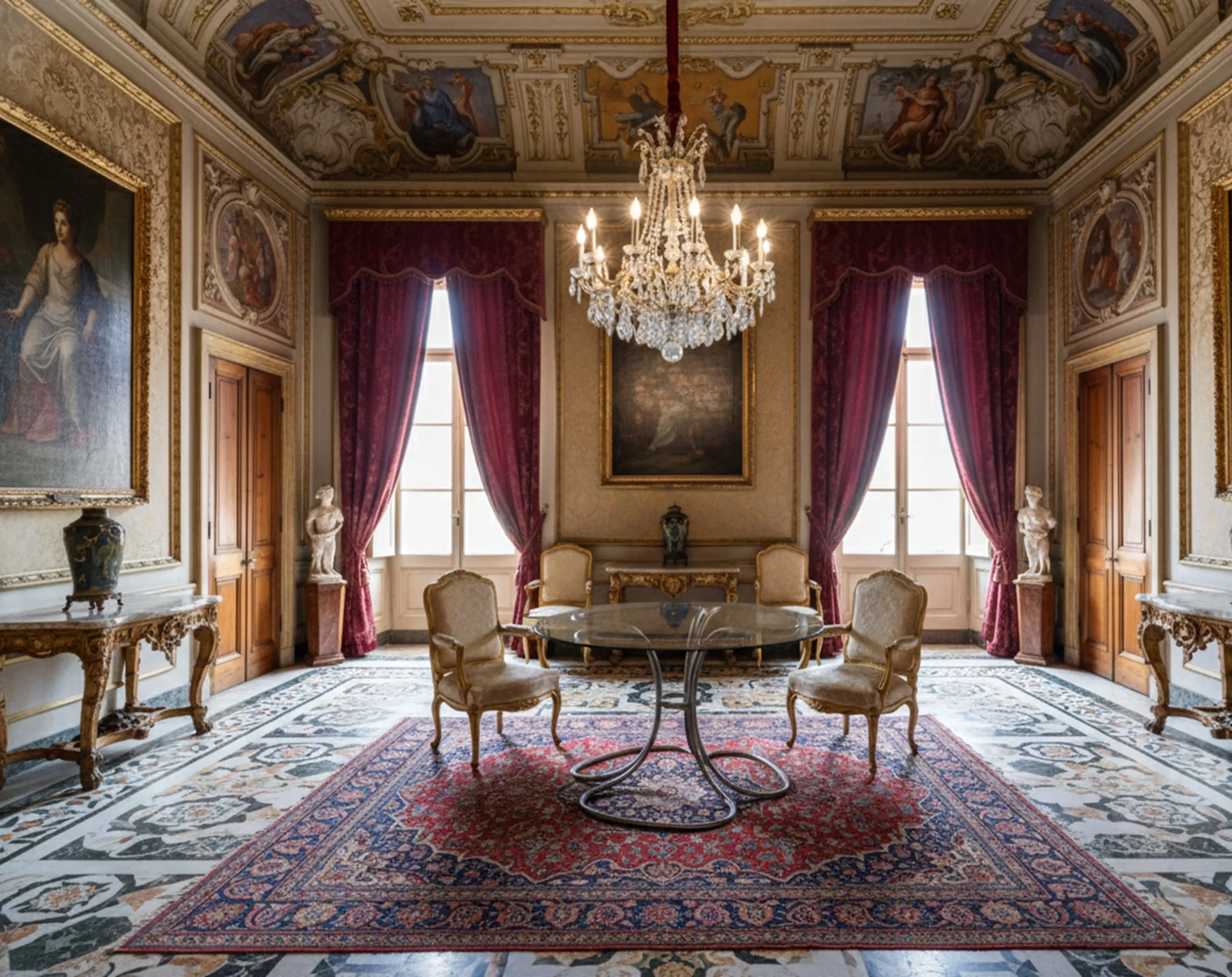 Antique dining table for six people in an elegant setting.