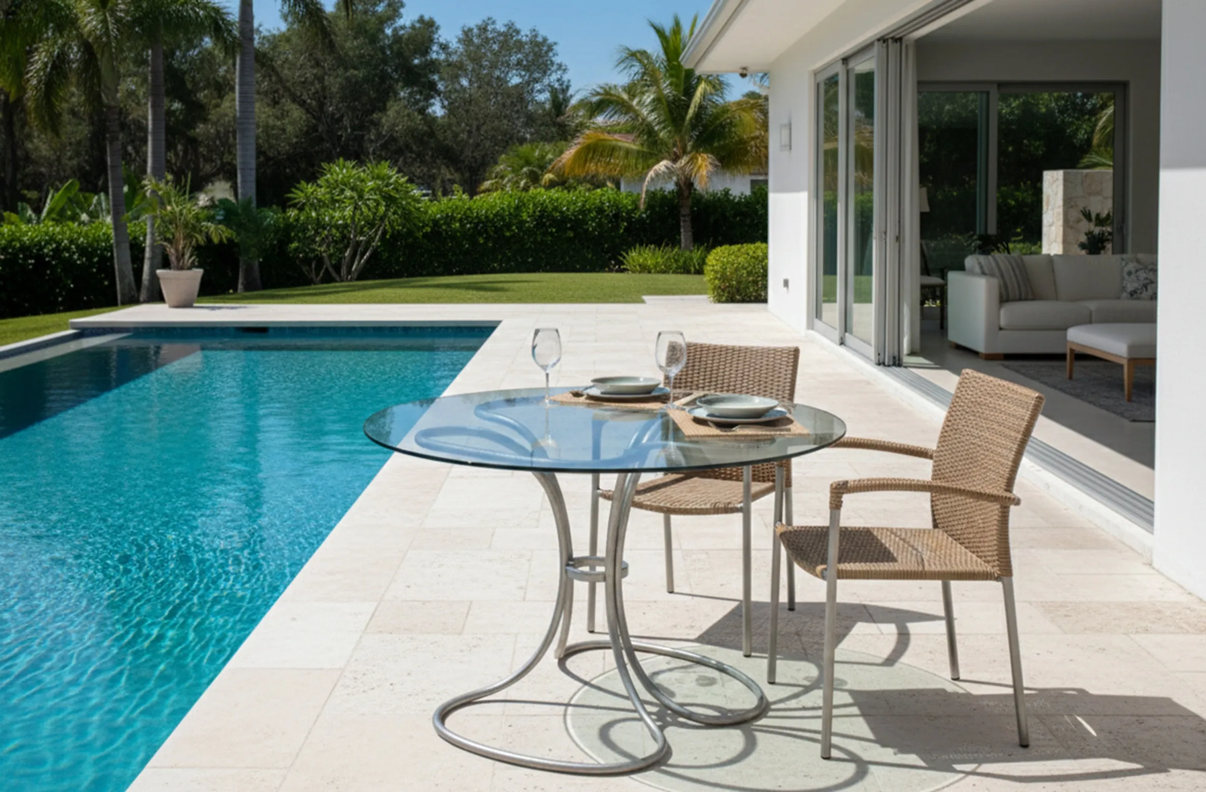 Mesa de comedor antigua con sillas al aire libre y piscina