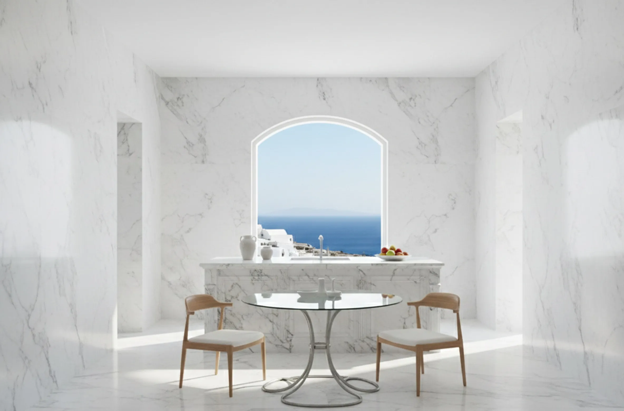 Table à manger antique pour 6 personnes dans un espace lumineux avec vue sur la mer