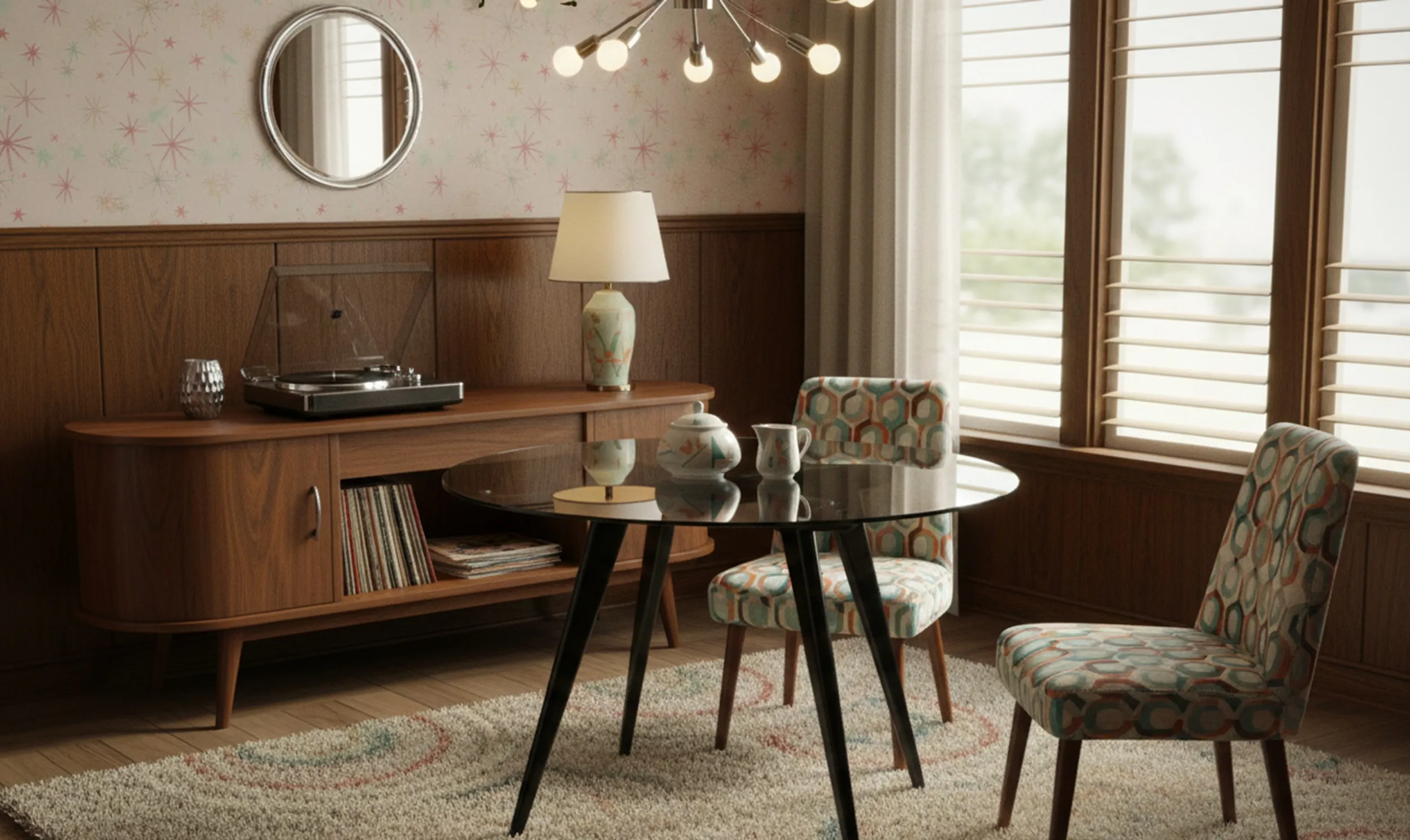 mesa de comedor antigua con sillas coloridas en ambiente acogedor