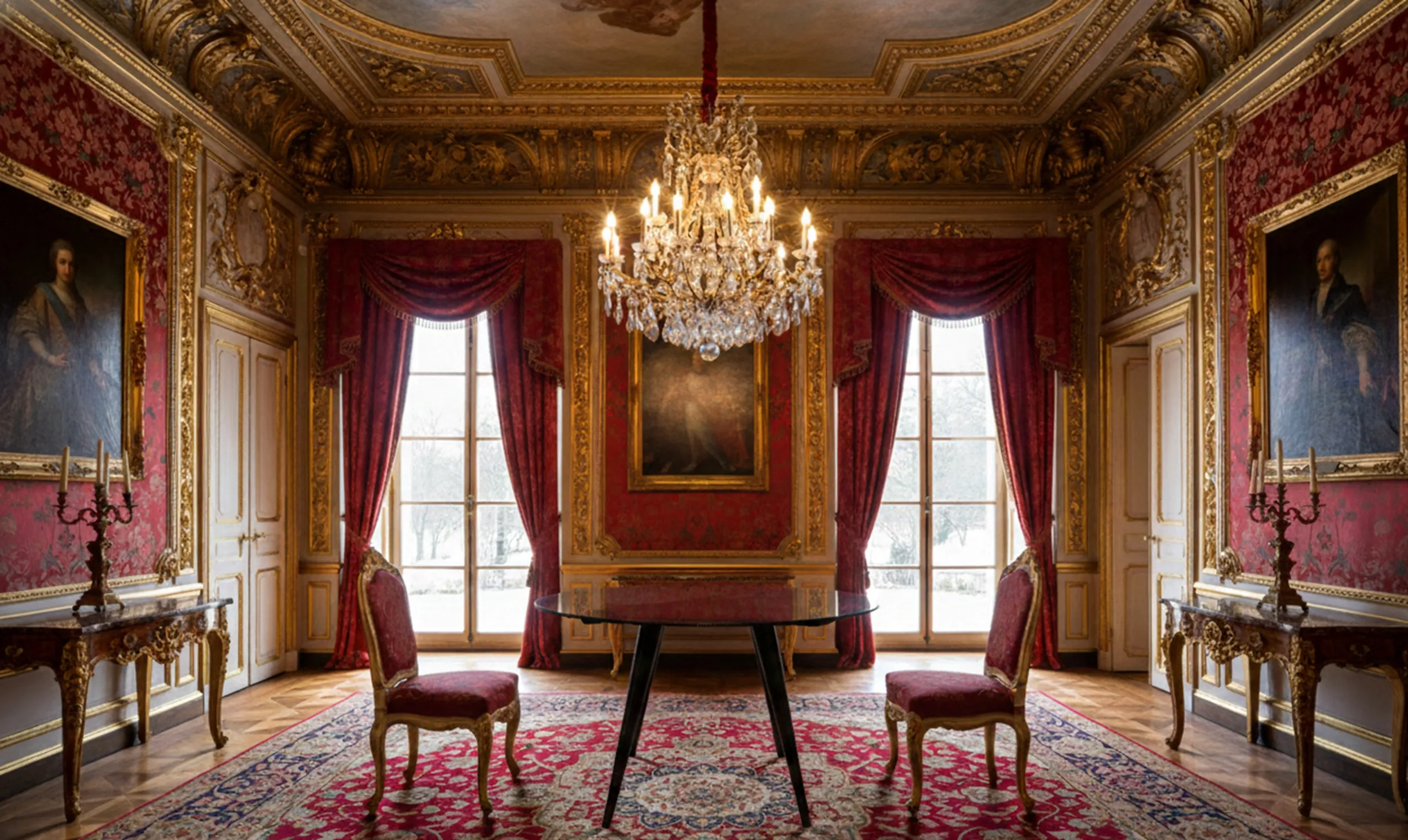 Mesa de comedor antigua para 4 personas en un ambiente elegante con silla roja y candelabro.