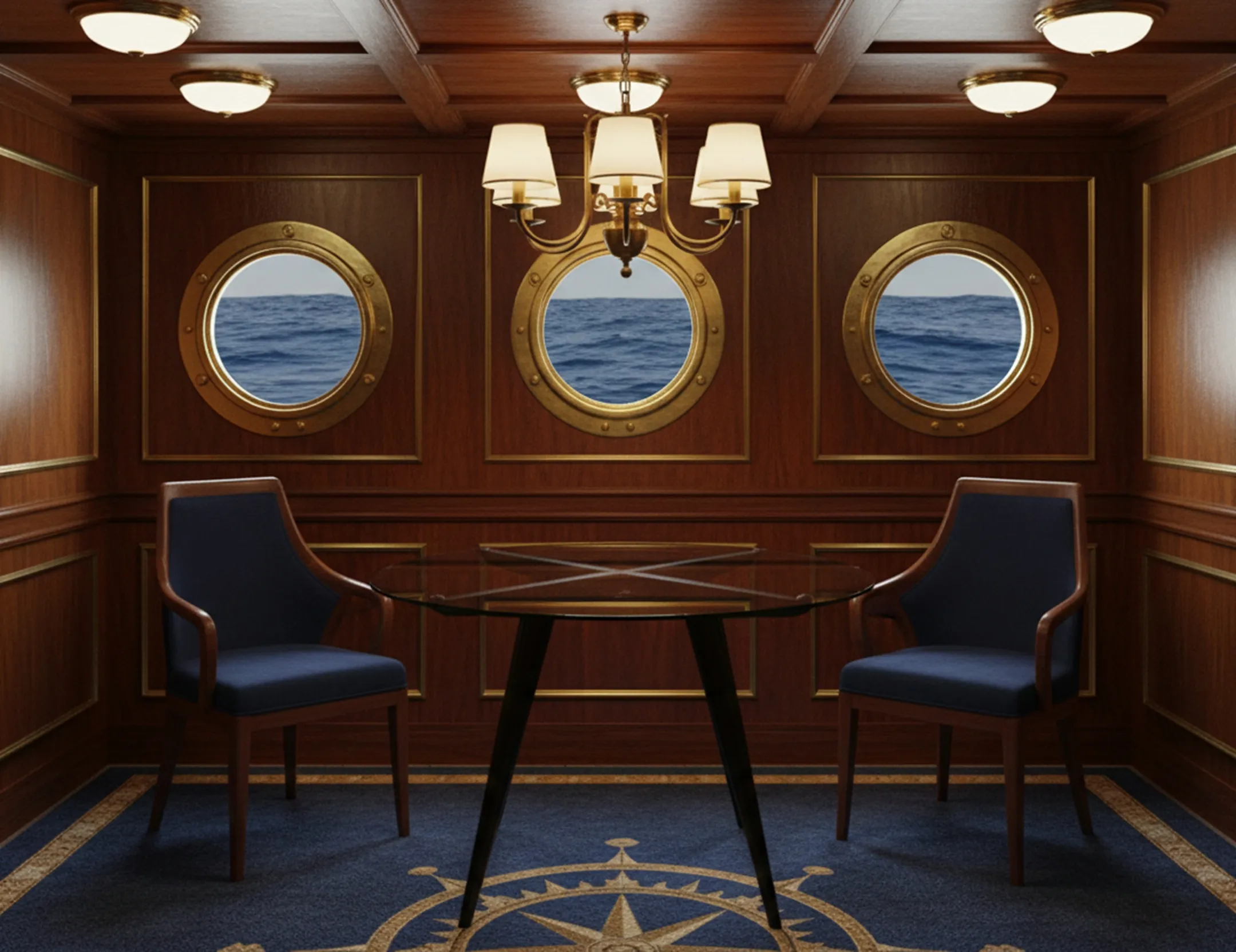 Antique dining table for four, nautical ambiance with portholes