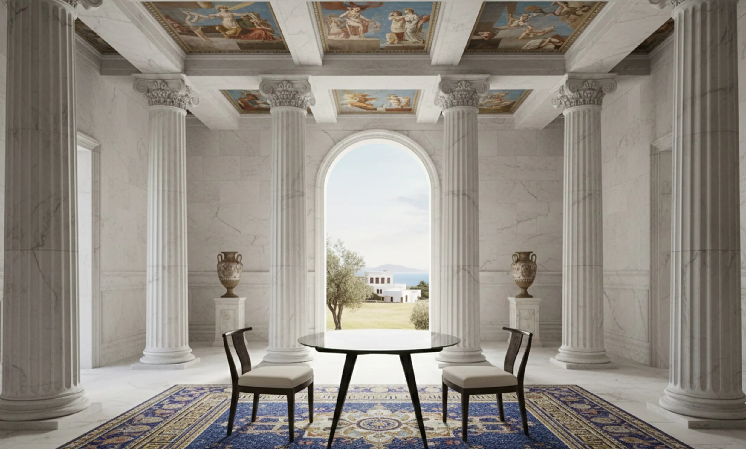 Antique dining table for 4 people in an elegant setting.