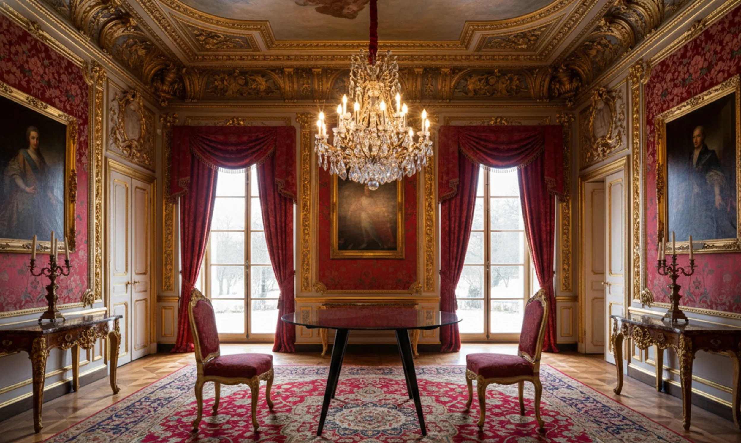 Table à manger ancienne pour 4 personnes dans une pièce décorée élégamment.