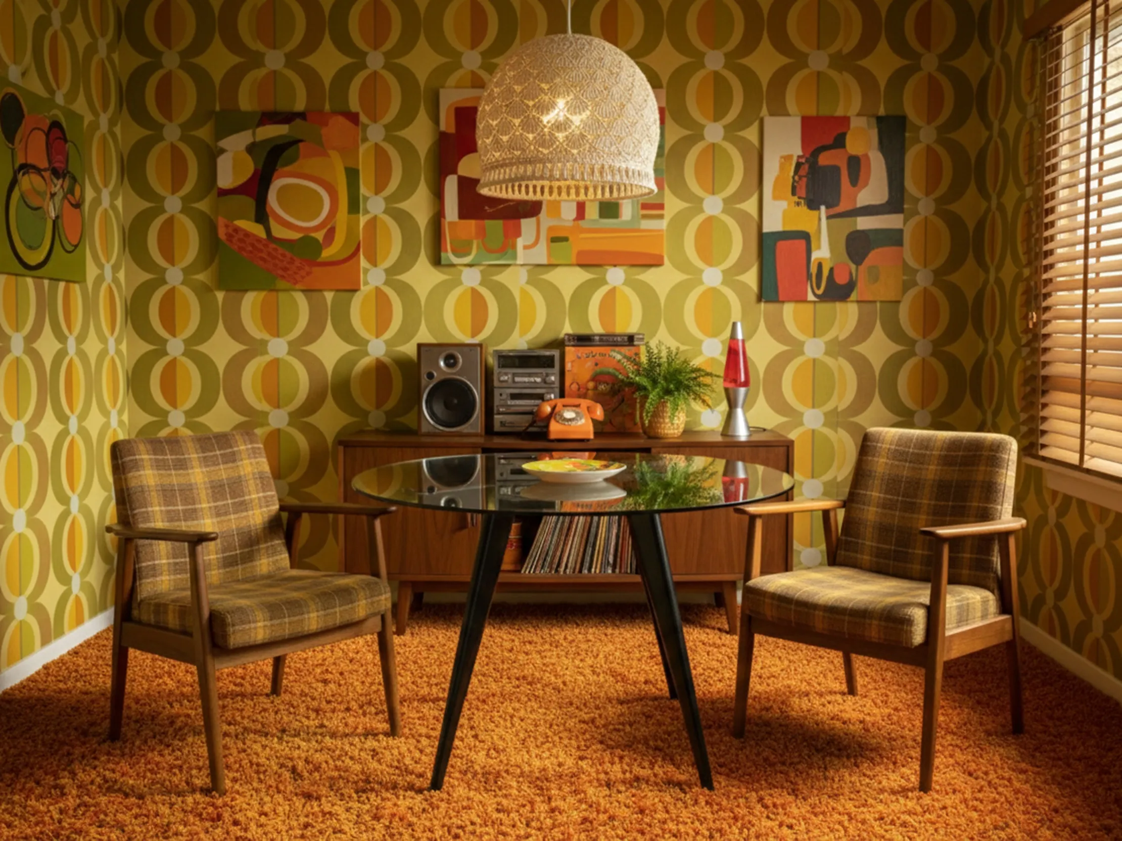 Mesa de comedor antigua para 4 personas con sillas en ambiente retro.