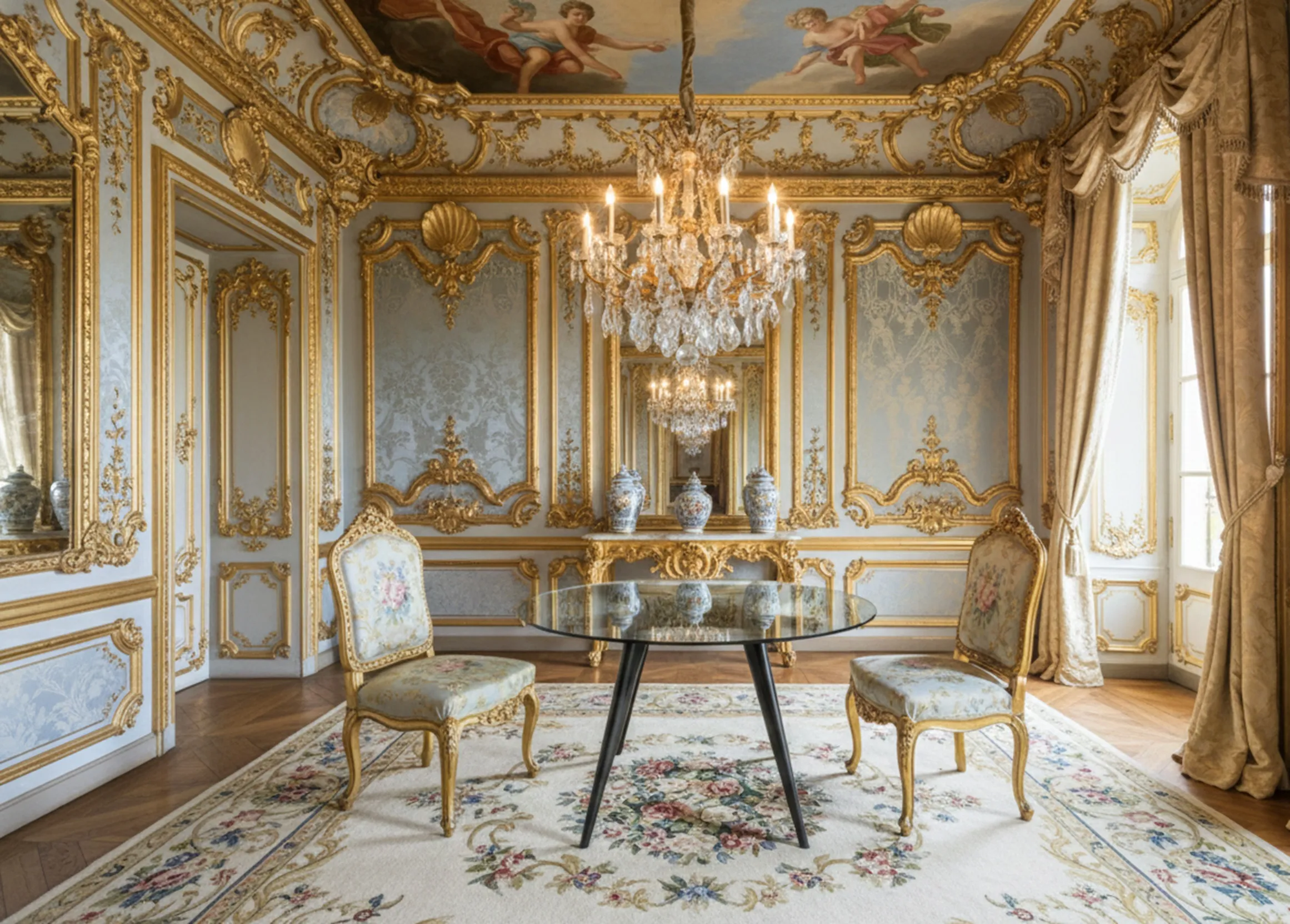 Table à manger antique pour quatre personnes dans un cadre luxueux, avec des chaises ornées et un beau chandelier.