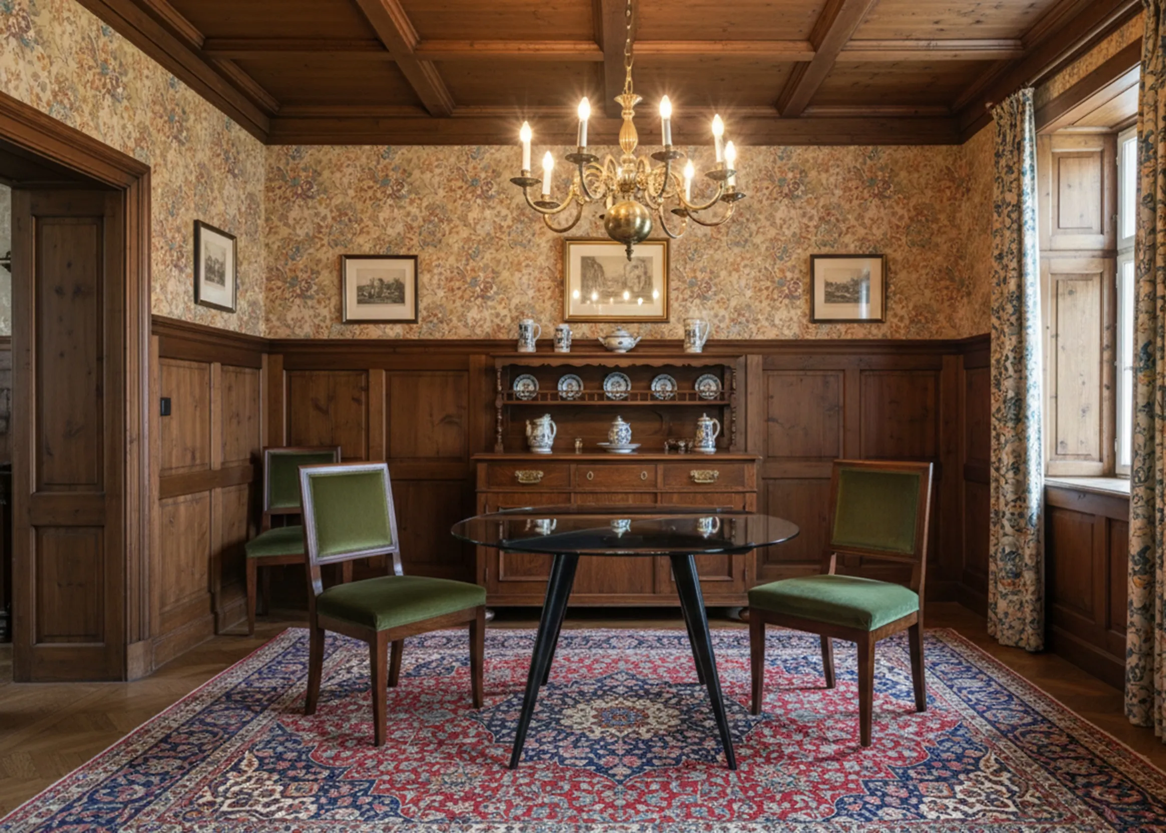 Table à manger antique pour quatre personnes dans un cadre accueillant avec des chaises vertes et un tapis coloré.