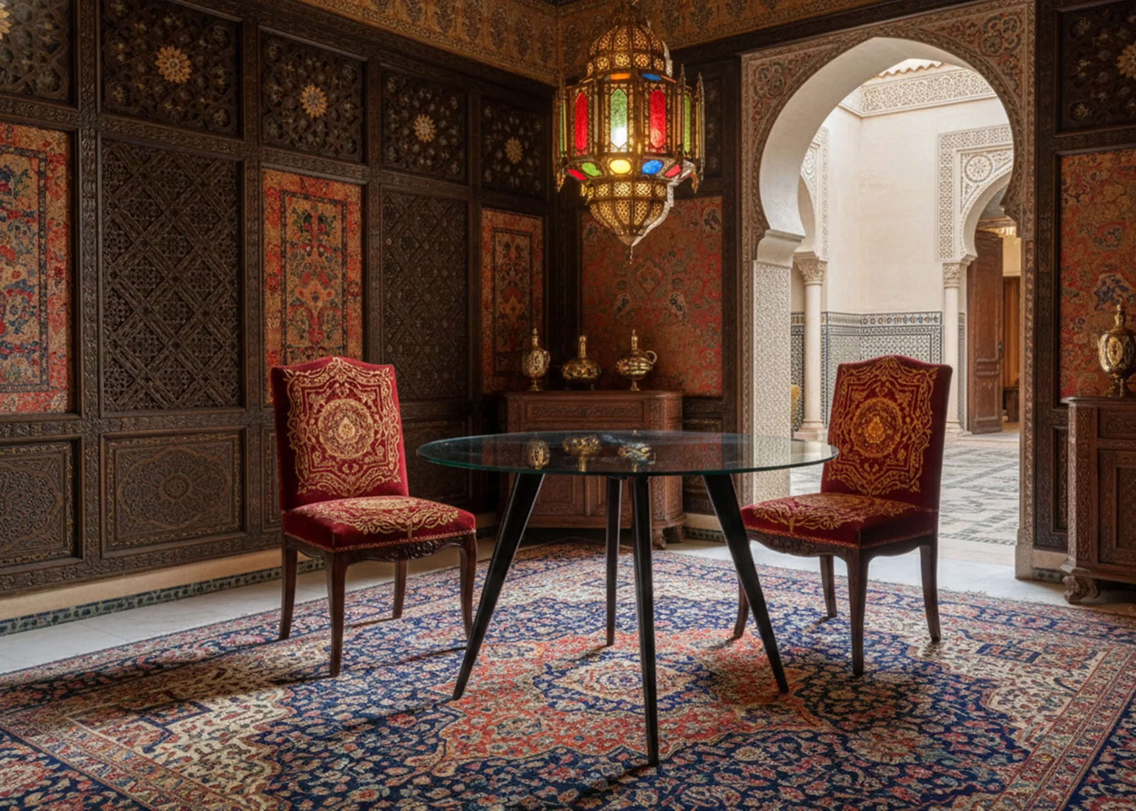 mesa de comedor antigua con sillas rojas en un ambiente elegante