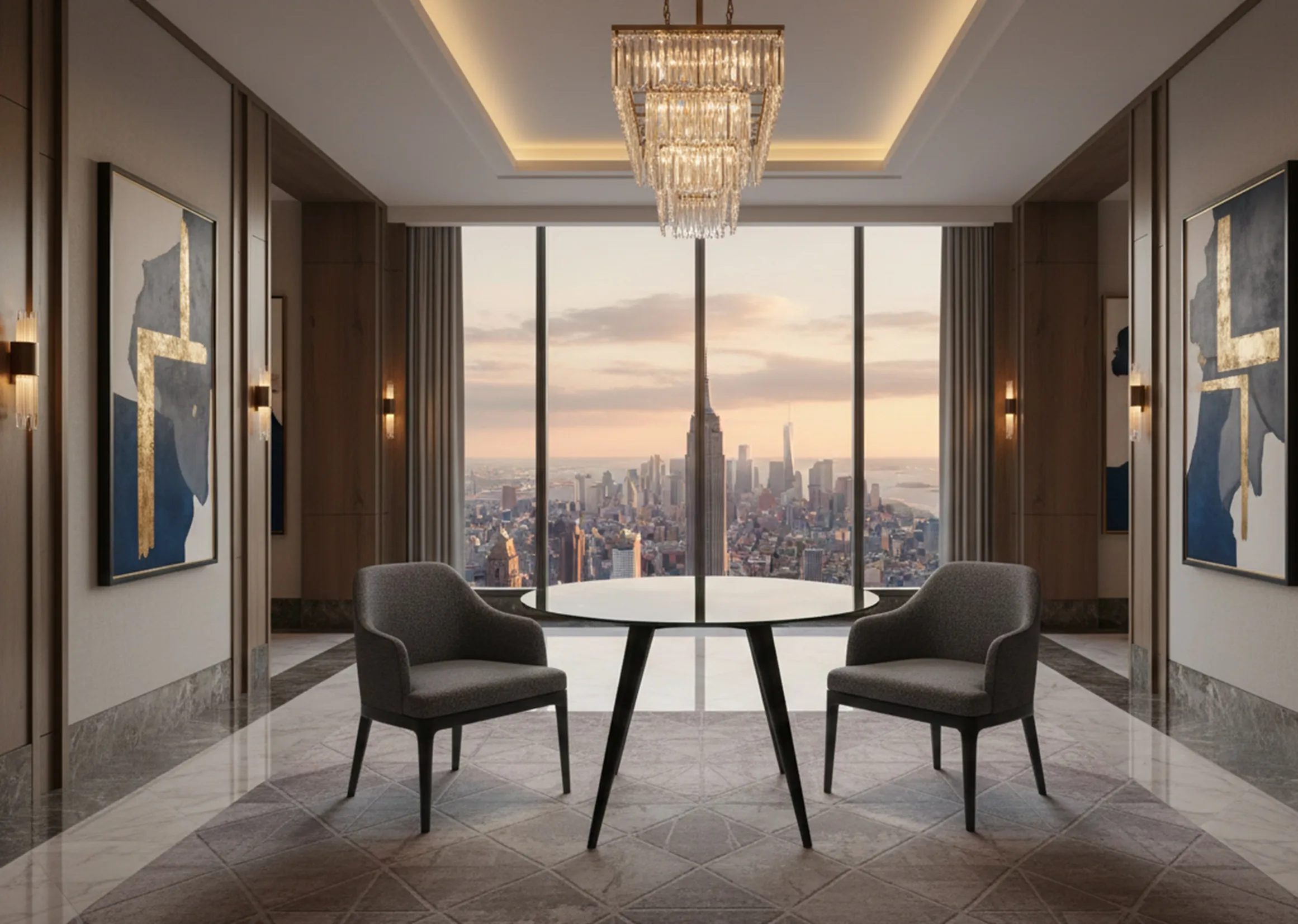 Mesa de comedor antigua para cuatro personas en un entorno elegante con vista urbana.