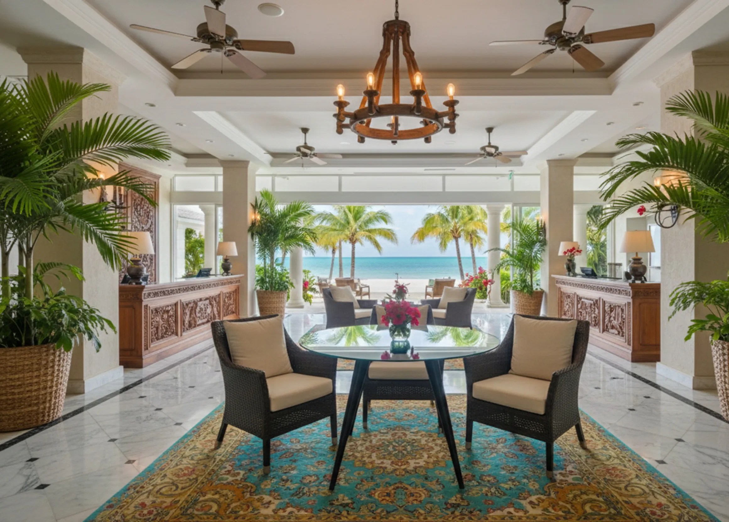 Mesa de comedor antigua para 4 personas en un ambiente luminoso junto al mar, con sillas y plantas.