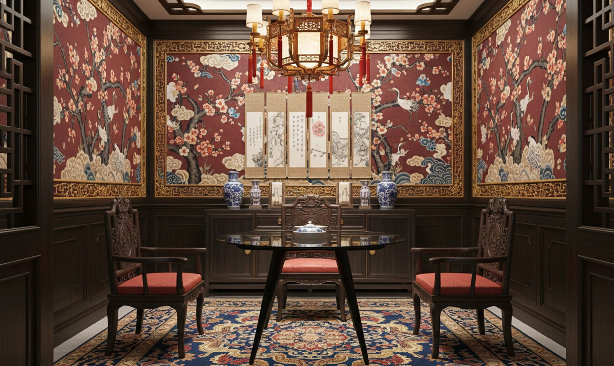 4人用のアンティークダイニングテーブルが装飾的な環境にあります。