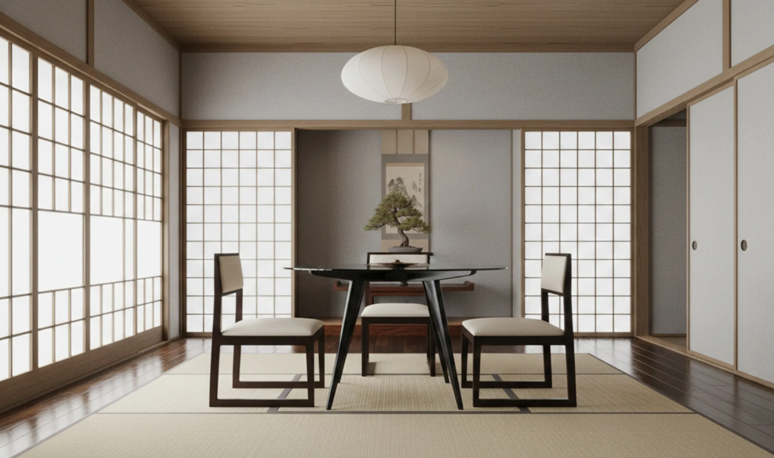 Mesa de comedor antigua para cuatro personas en ambiente minimalista.