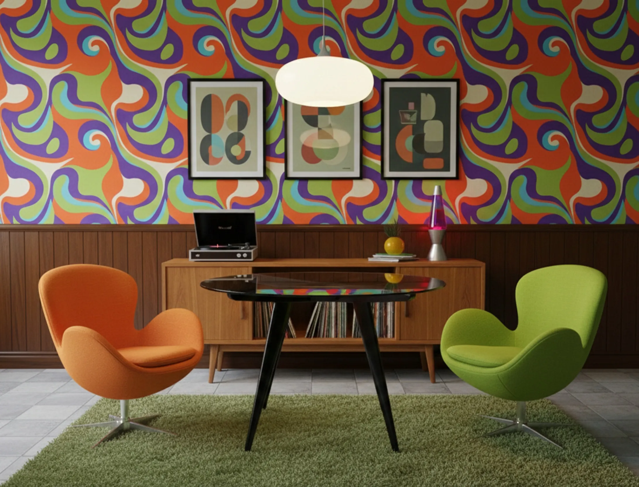 Antique dining table for 4 people in a colorful setting.