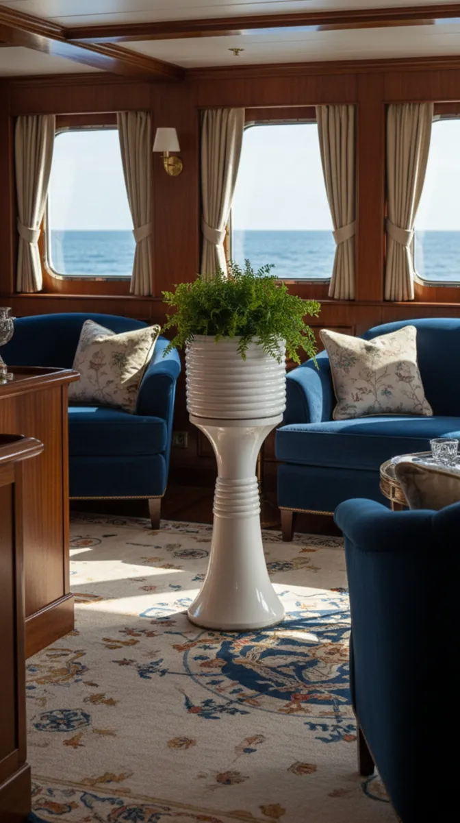 vaso di fiori antico bianco con piante verdi in ambiente elegante