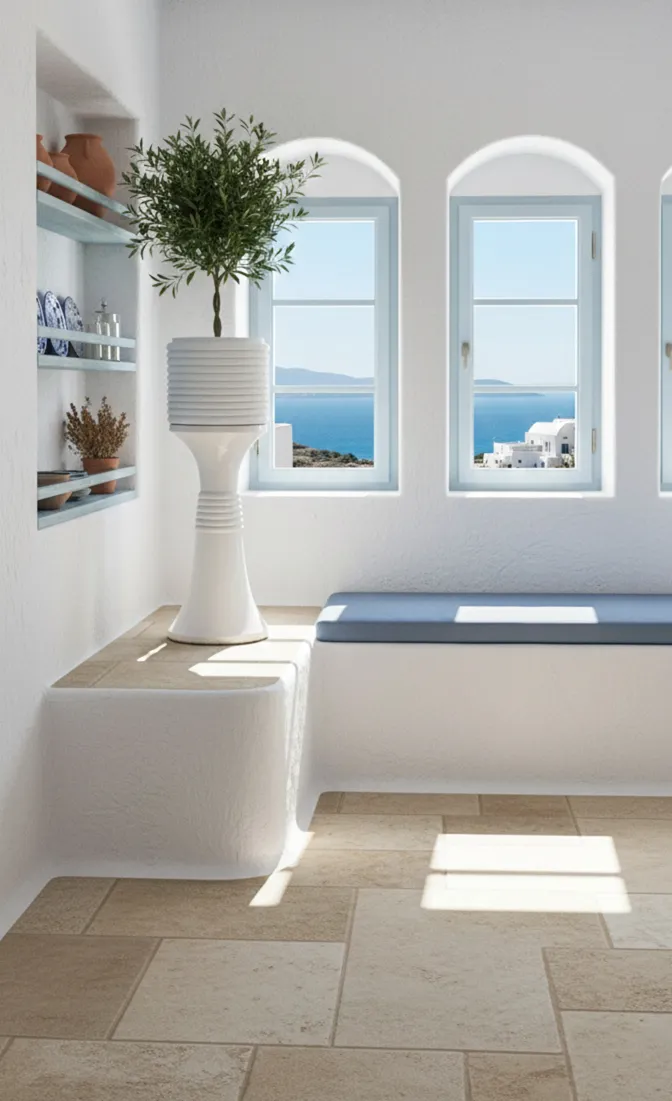 macetero antiguo blanco con planta verde, interior iluminado