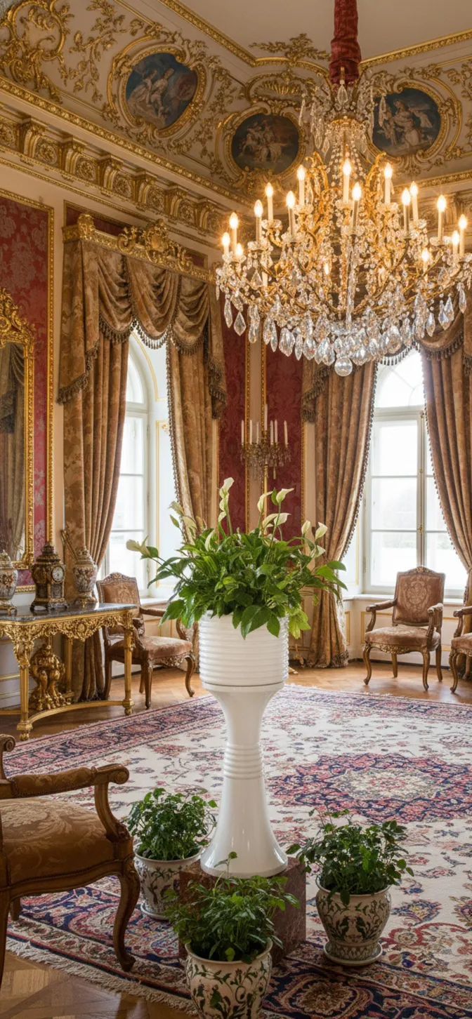 antiker weißer blumentopf mit grünen pflanzen in einer eleganten umgebung