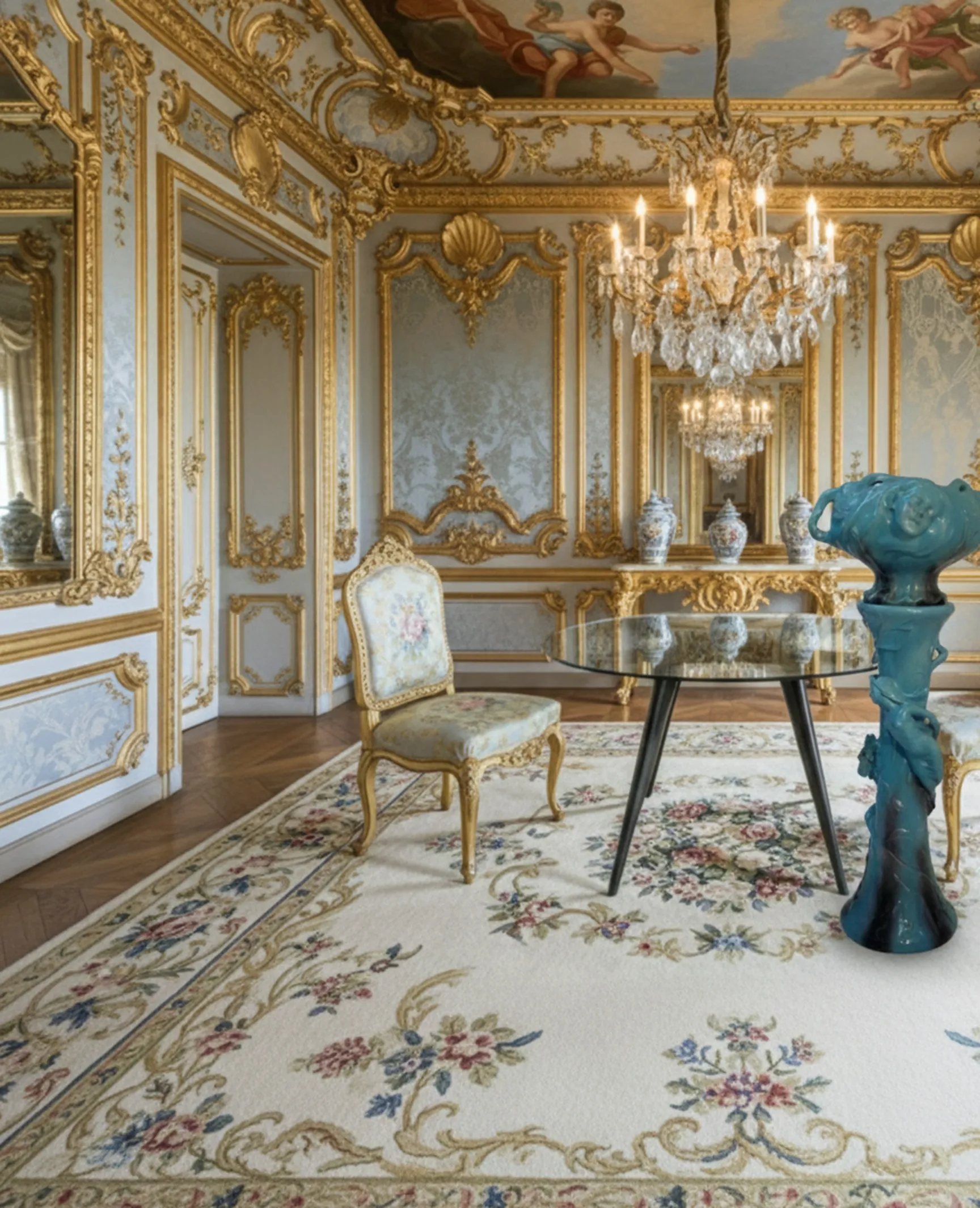 古董装饰性花盆在优雅的房间里，带有吊灯