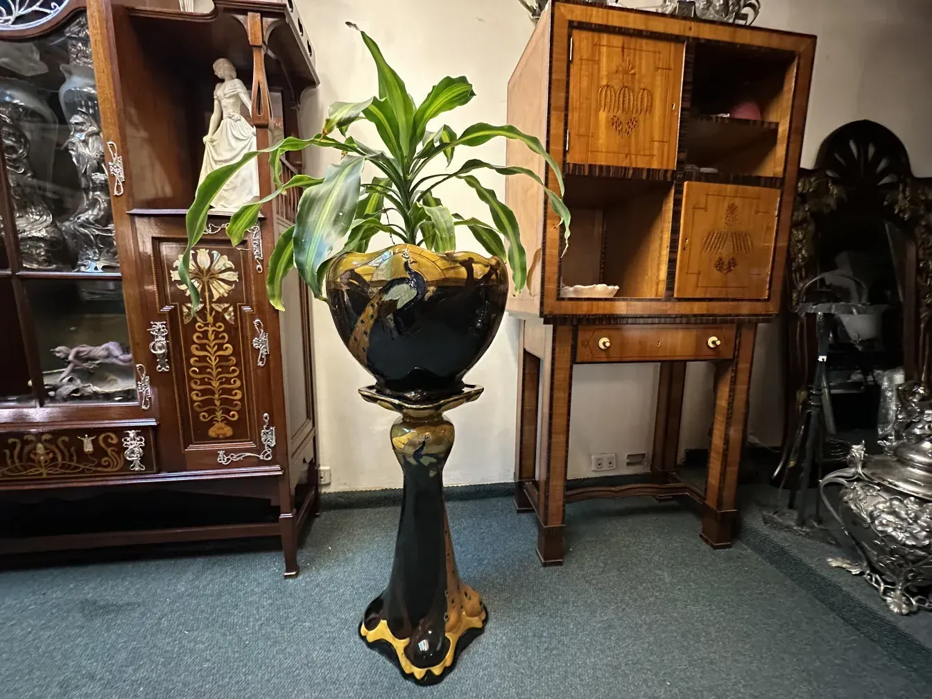 黑色古花盆装饰着绿色花朵