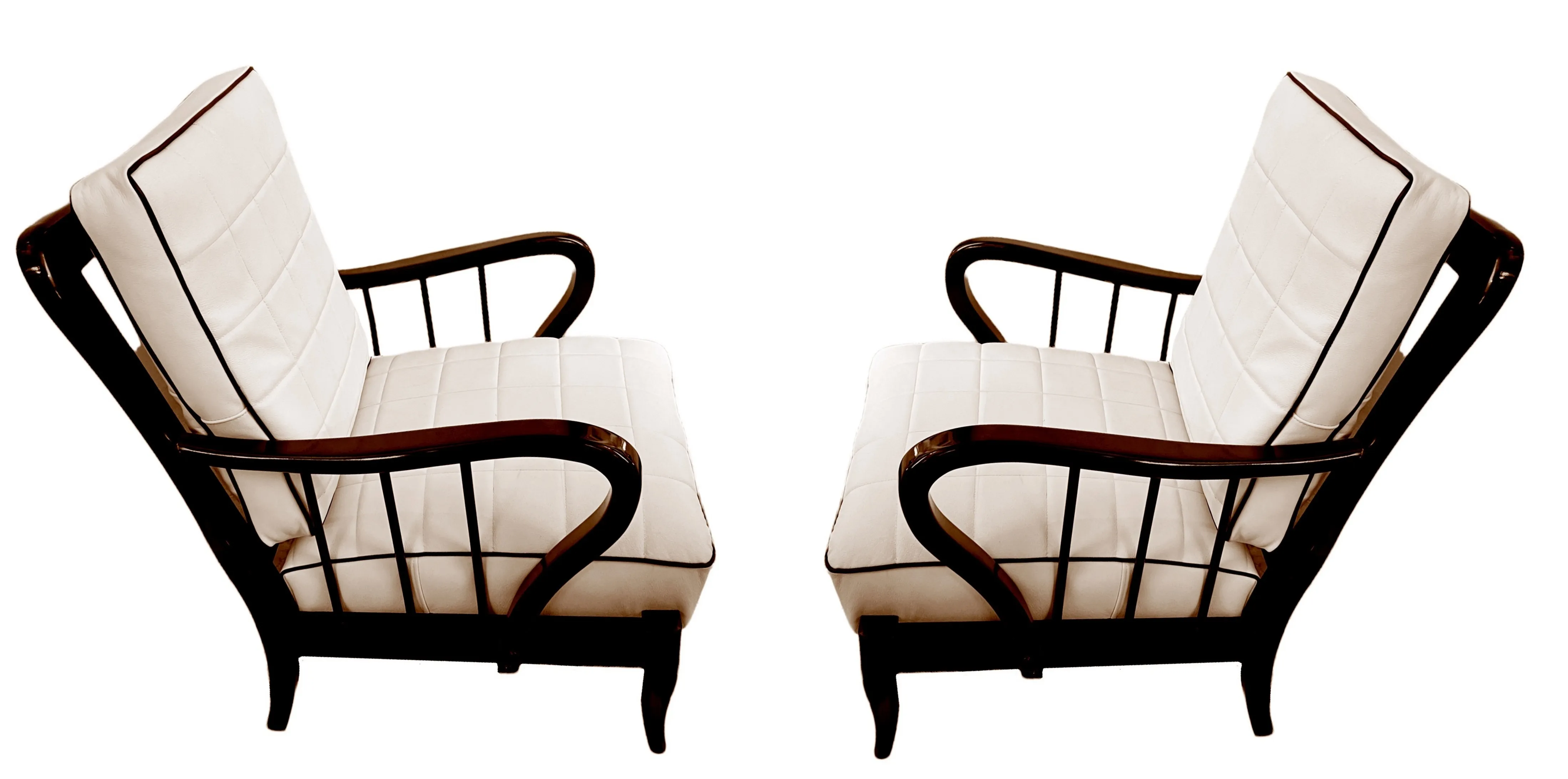 Two antique armchairs designed by Paolo Buffa with light upholstery.