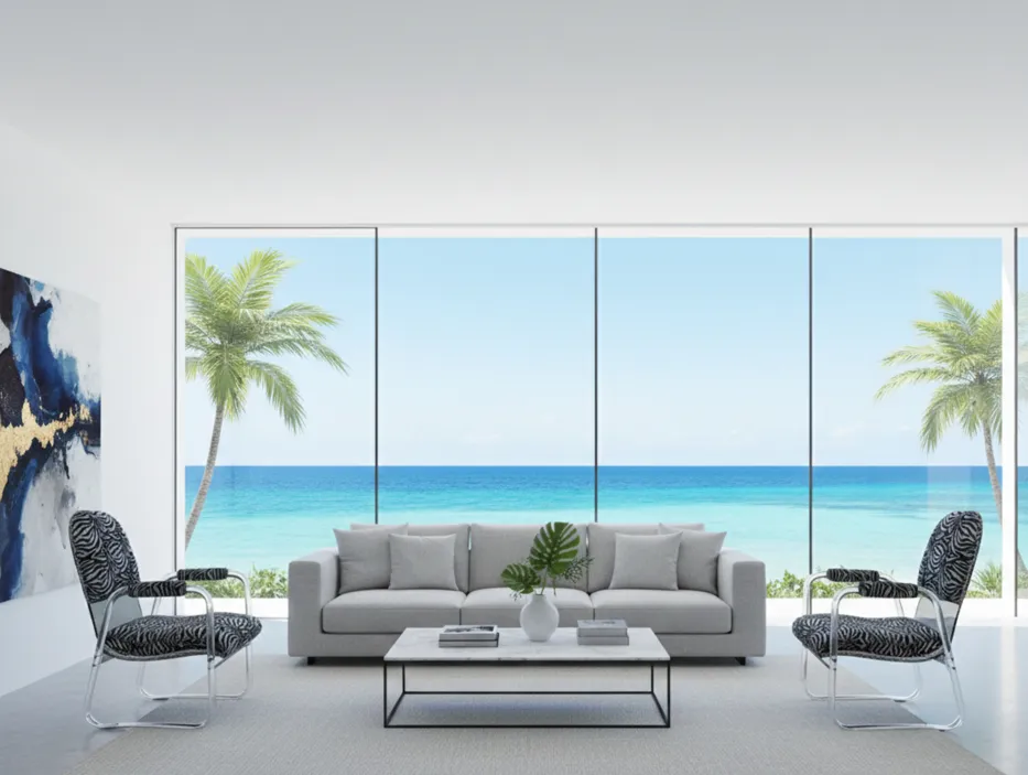 deux fauteuils antiques Art Deco dans une salle moderne avec vue sur la mer