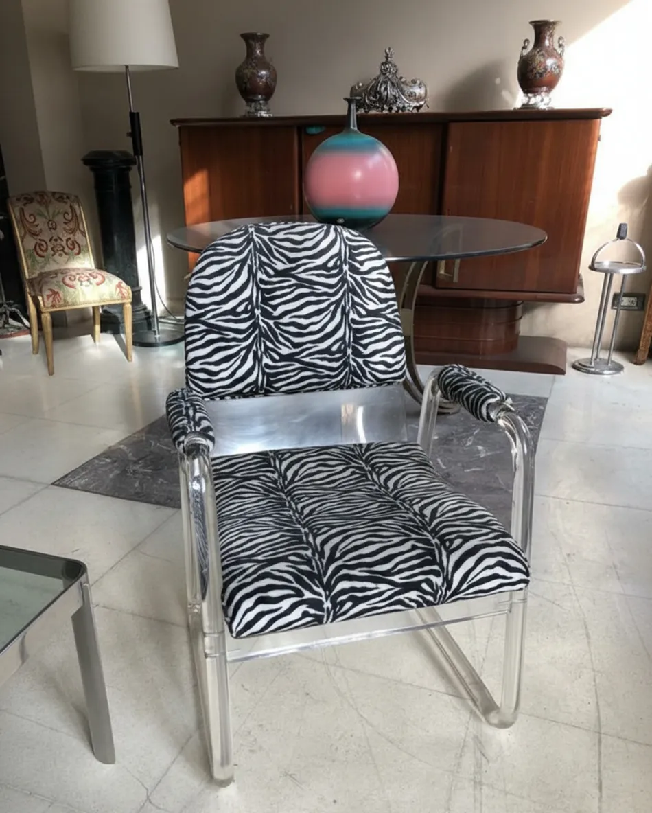 Deux fauteuils anciens avec motif zèbre dans un cadre chaleureux