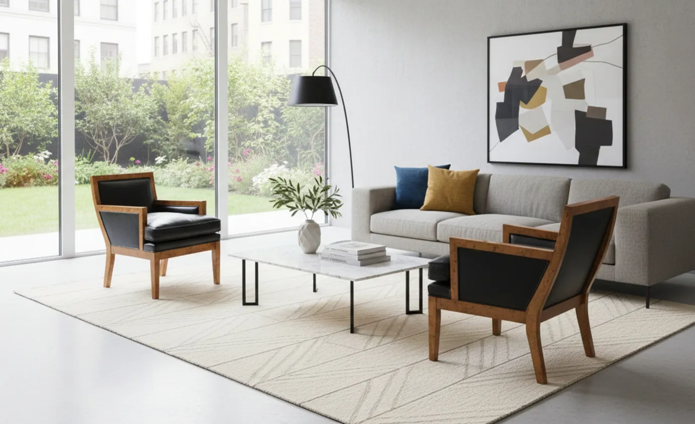 Dos sillones antiguos de estilo moderno en un salón luminoso.