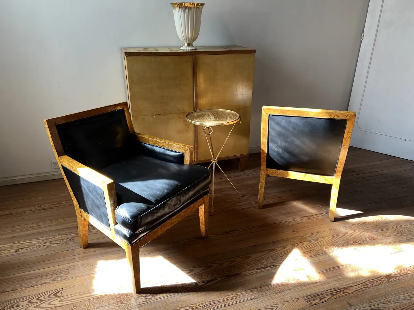 2 poltronas antigas com design elegante em um ambiente iluminado