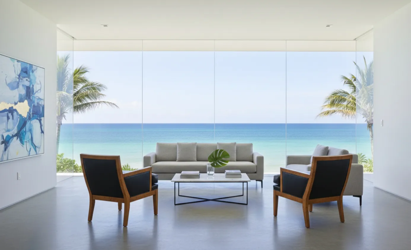 Elegant room view with 2 antique armchairs and ocean backdrop