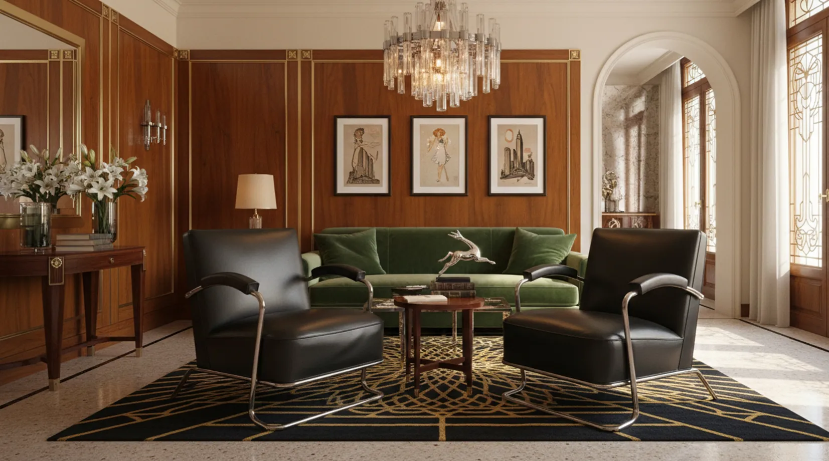 Due poltrone antiche art deco in un ambiente elegante con lampada e fiori