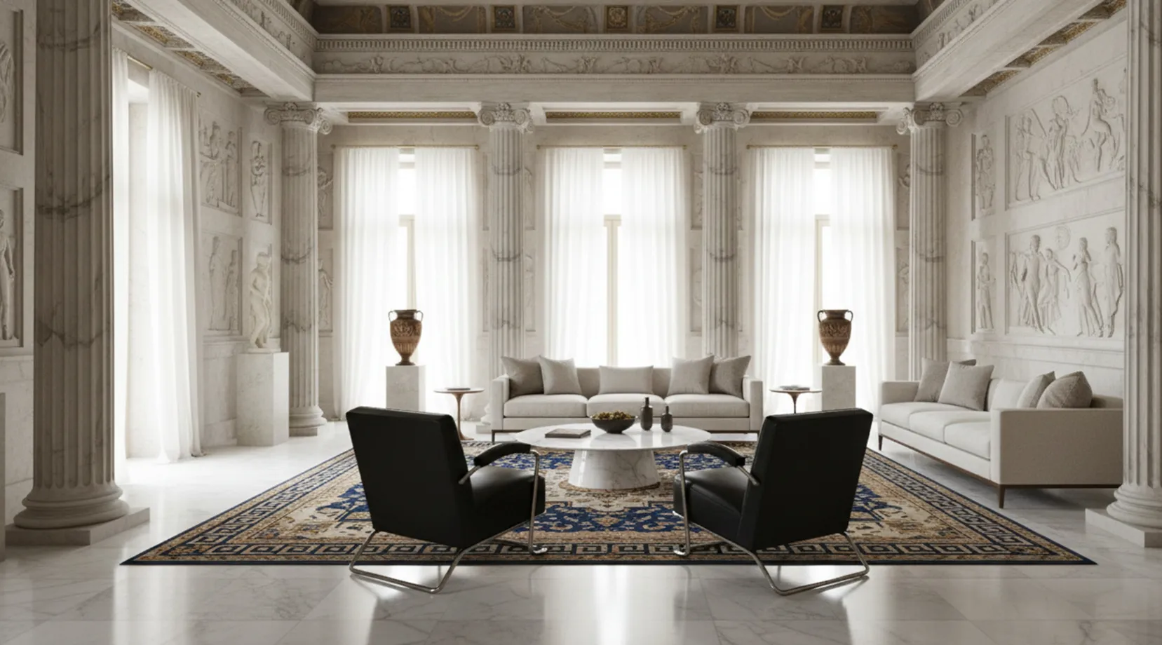 Two black antique armchairs with a table in an elegant living room