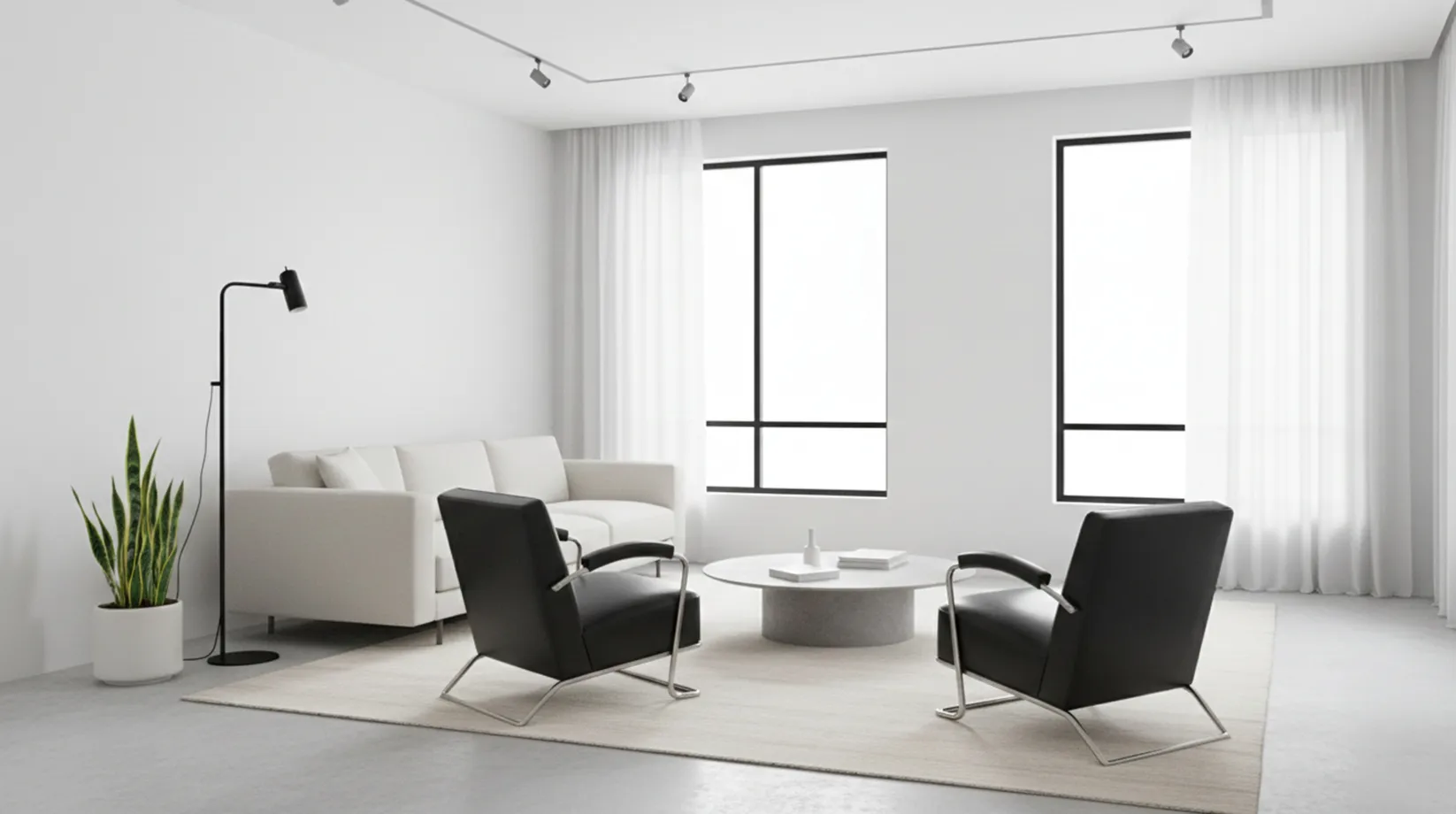 Two antique art deco armchairs in a modern room with plants.