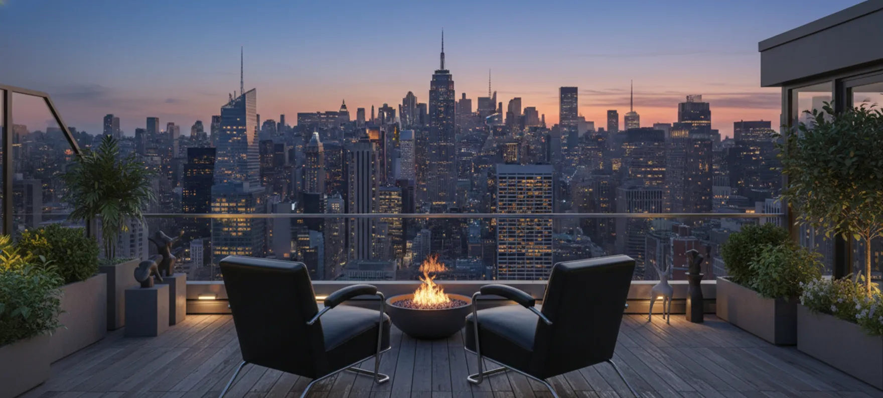 Zwei antike Armlehnstühle auf einer Terrasse mit Blick auf die Stadt, umgeben von Pflanzen.