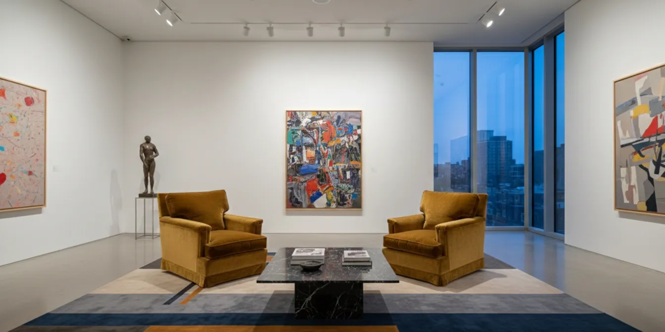 Duas poltronas antigas em uma galeria moderna com arte abstrata.