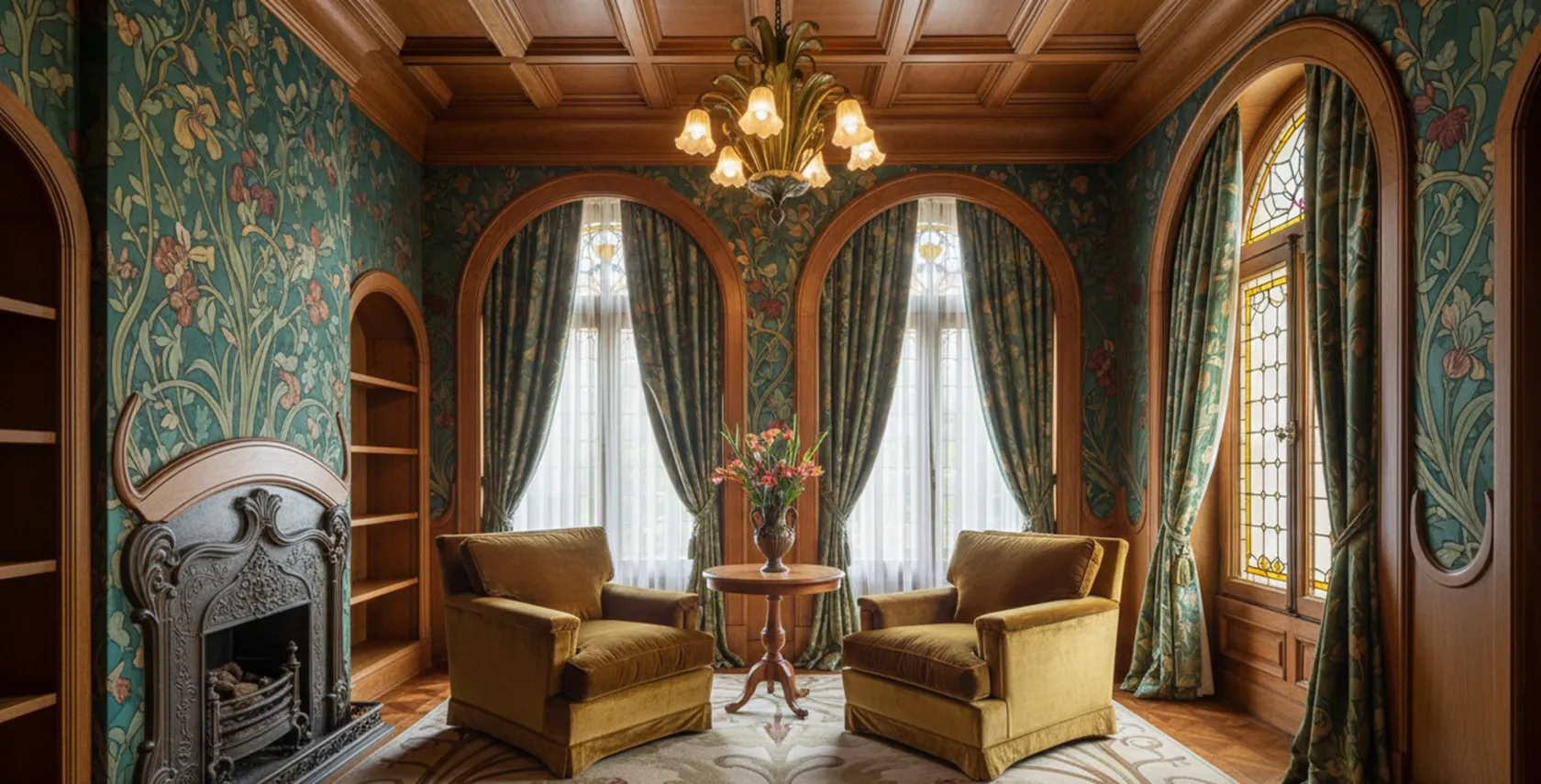 dos sillones antiguos color mostaza en un salón con cortinas decorativas