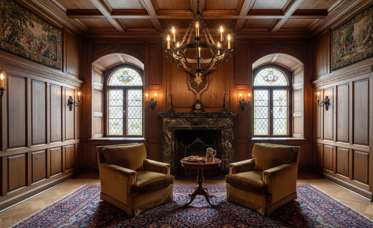 two vintage armchairs for restoration in a room with a fireplace and chandeliers