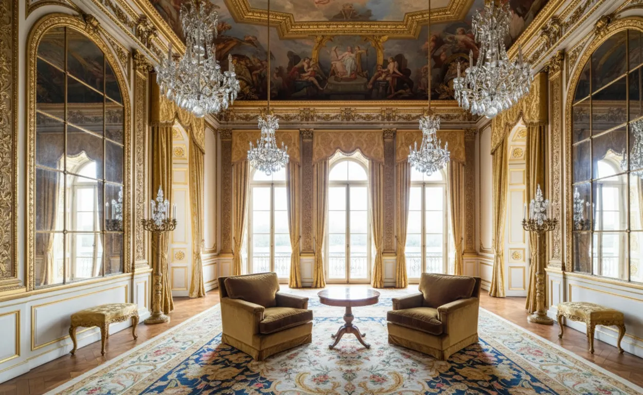 due poltrone antiche in una stanza con candelabri e ricca decorazione