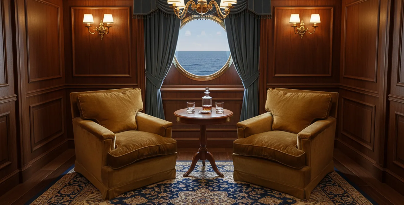 Dos sillones antiguos de color mostaza en un salón elegante, junto a una mesa pequeña