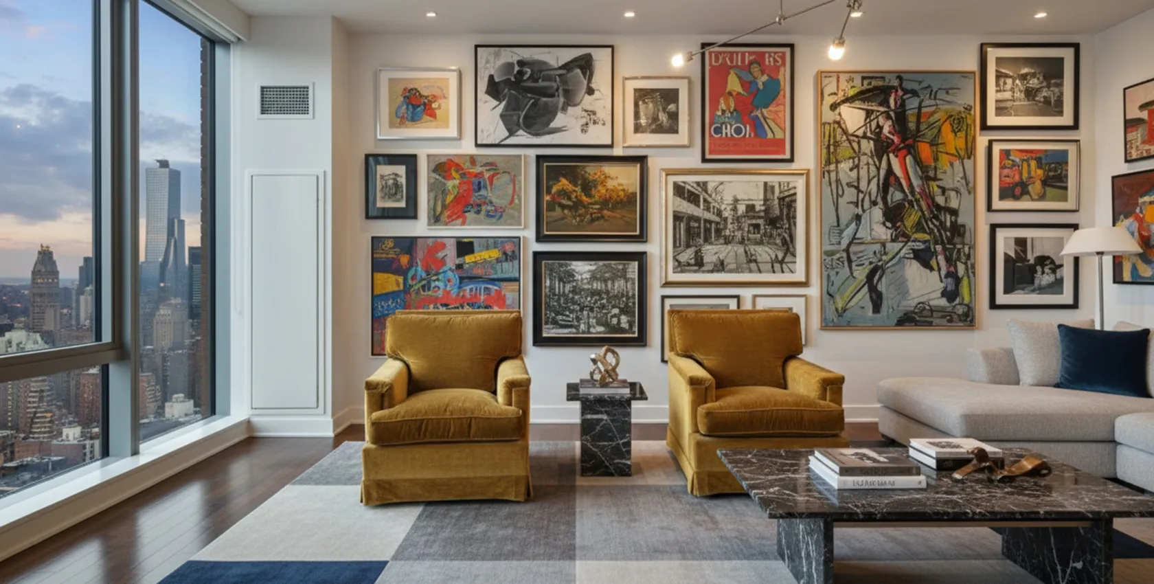 duas poltronas antigas em uma sala moderna com arte