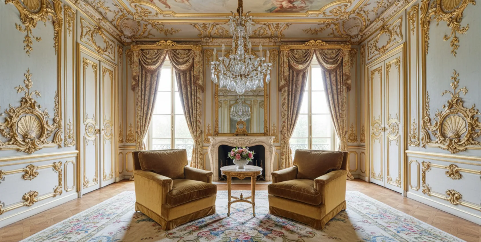 Two antique armchairs needing restoration in an elegant setting.