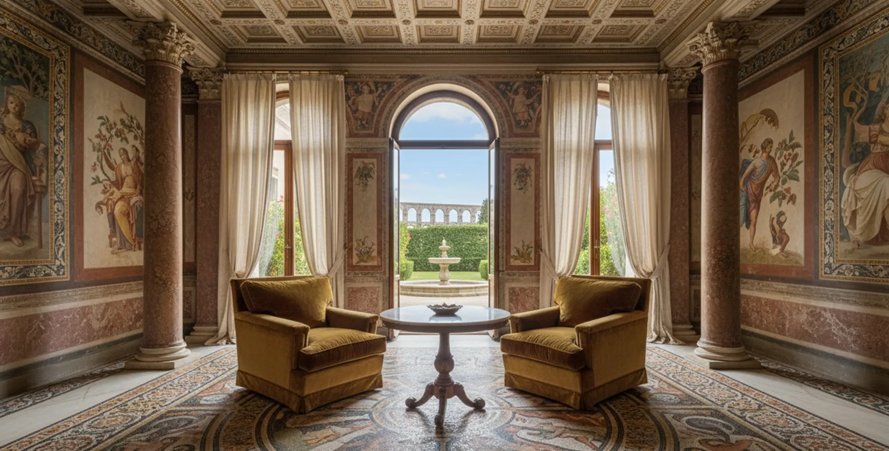 two mustard antique armchairs with a table in an elegant setting