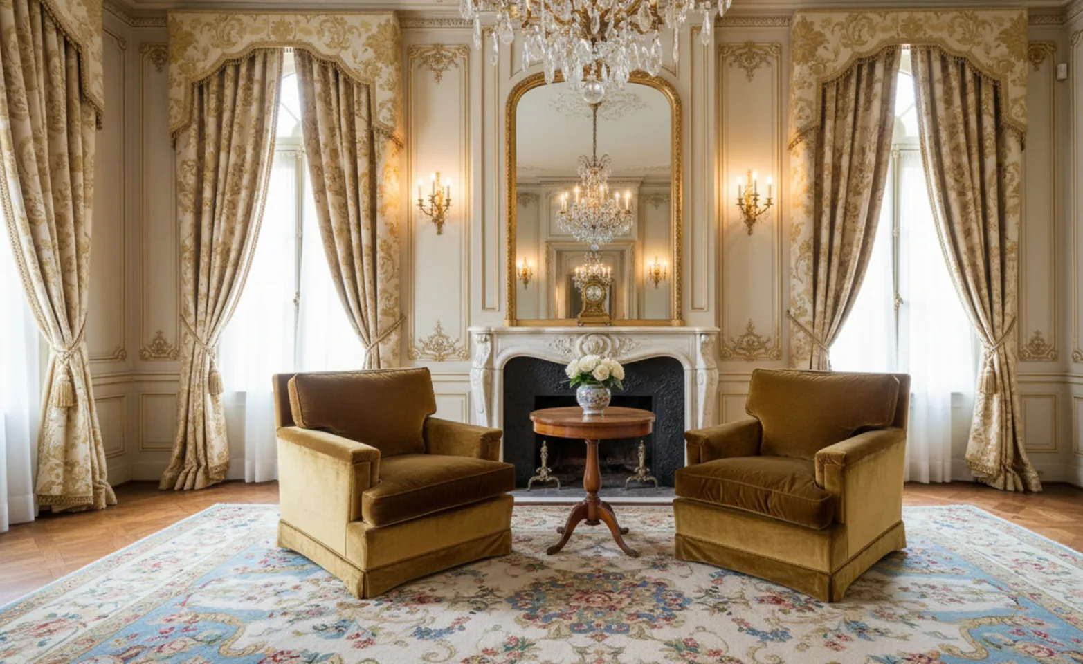 due poltrone antiche in uno salon elegante con decorazione classica e luce morbida.